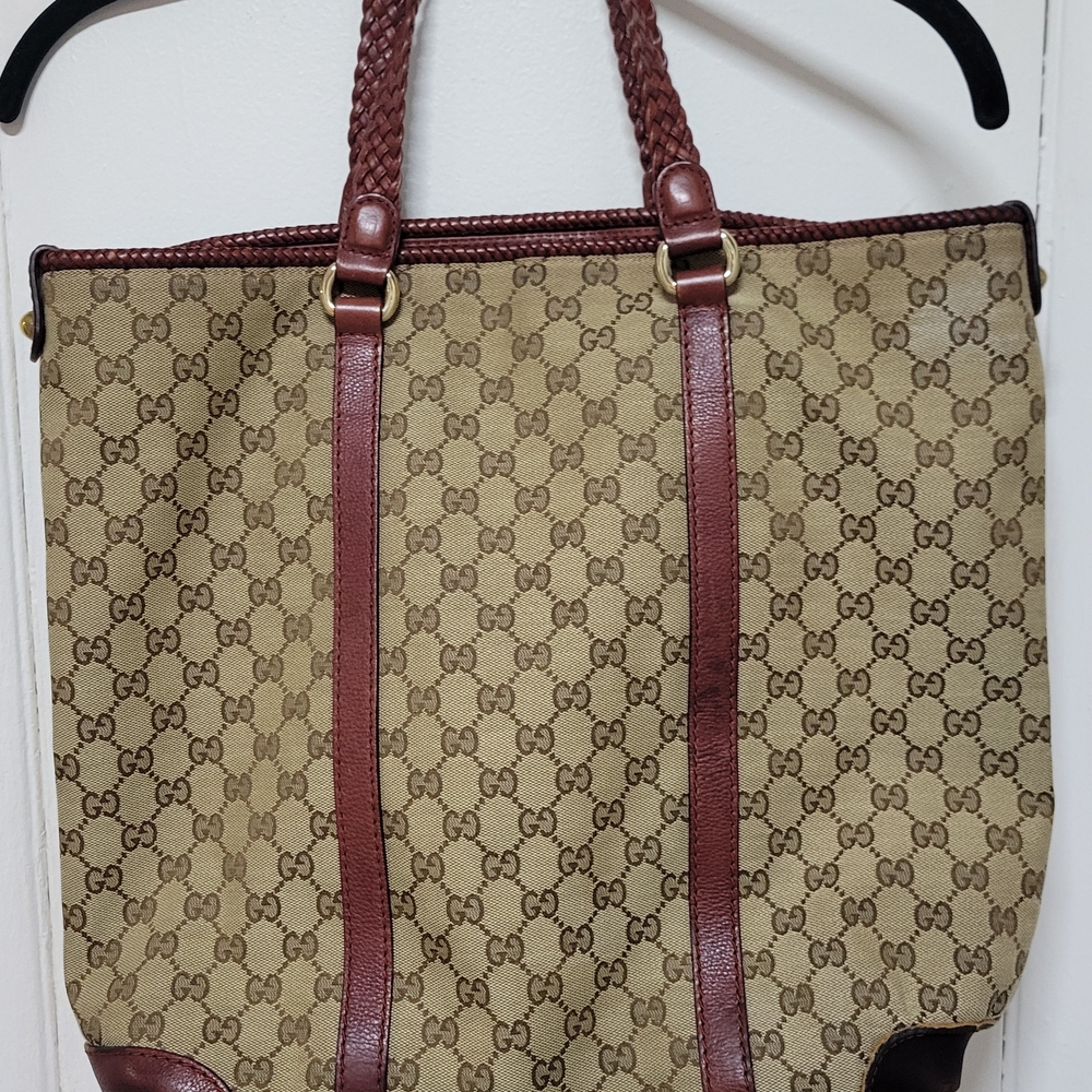Damaged Gucci Marrakech XL Tote Bag GG Monogram Brown Brick Red Water Da - Picture 2 of 11